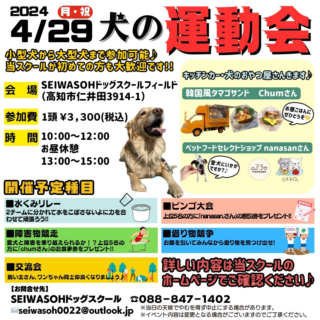 4/29(月・祝)「犬の運動会🐶春🌸」開催します🚩😊